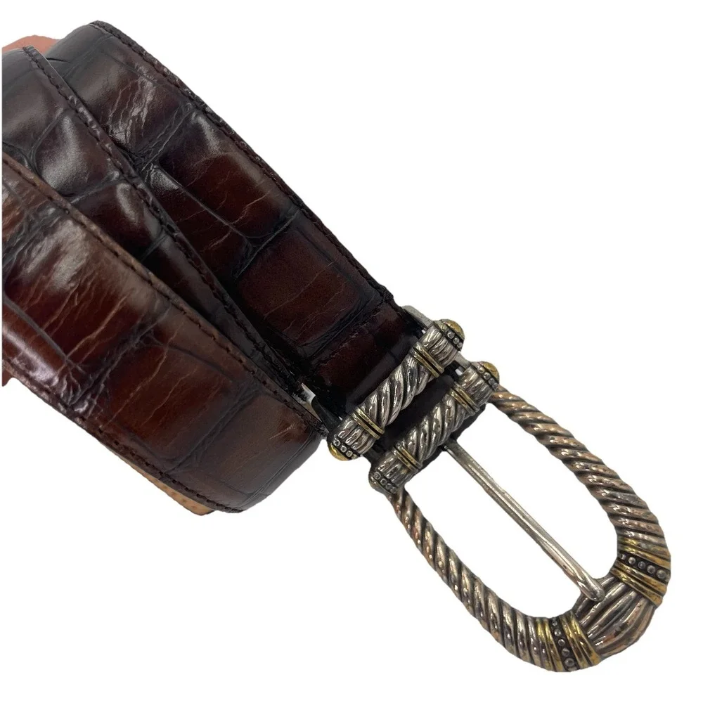 Fossil 90s Western Belt Brown Croc Leather Embossed  2-Tone Buckle Size Small - Picture 6 of 14